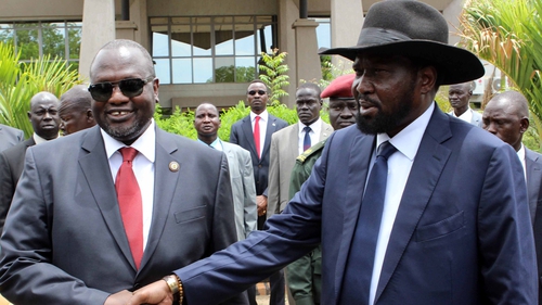 South Sudan President Salva Kiir (right) pictured shaking hands with former rebel leader and First Vice-President Riek Machar (left) back in April