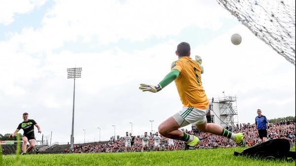 Cillian O’Connor converts a controversial penalty in Mayo's win against Fermanagh on Saturday