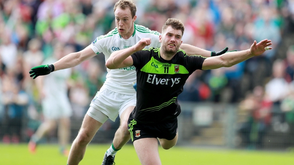 Mayo's Aidan O'Shea (R) won a controversial penalty against Fermanagh