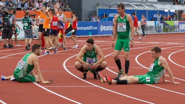 A dejected Irish 4x400m relay team after failing to secure Olympic qualification