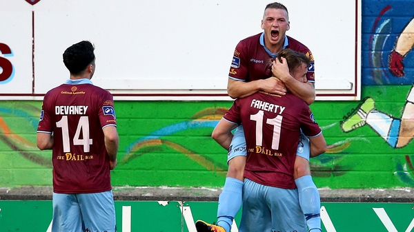 Vinny Faherty of Galway celebrates his goal with Stephen Walsh
