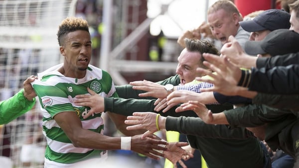 Scott Sinclair of Celtic celebrates his winning goal in his side's 2-1 win over Hearts