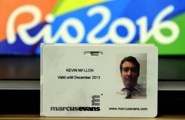 An ID belonging to Kevin Mallon of THG Sports, a company of international business events and information group Marcus Evans, displayed during a press conference at the City Police's station in Benfica