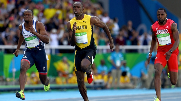 Usain Bolt competing against James Dasaolu of Great Britain and Richard Thompson of Trinidad and Tobago in Rio