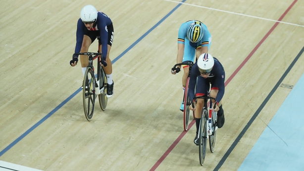 Britain's Laura Trott, Jolien D'Hoore of Belgium and Sarah Hammer of the USA