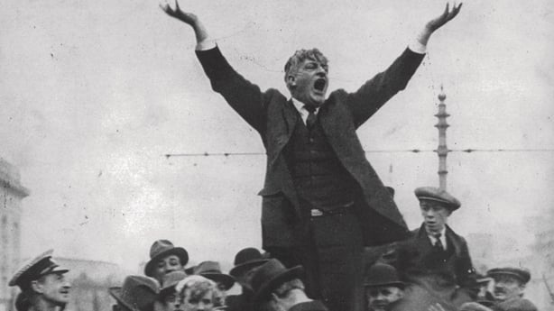 Famous photograph of Jim Larkin giving a speech, arms wide
