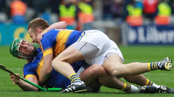 Tipperary's Noel McGrath and John O'Dwyer celebrate at the final whistle of their All-Ireland semi-final win over Galway