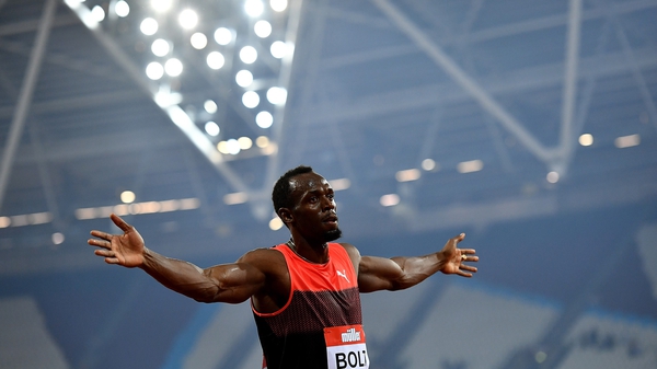 Usain Bolt celebrates winning at London's Olympic Stadium at the 2016 Anniversary Games
