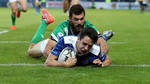 Leinster debutant Joey Carbery crashes over the whitewash for his second try at the RDS