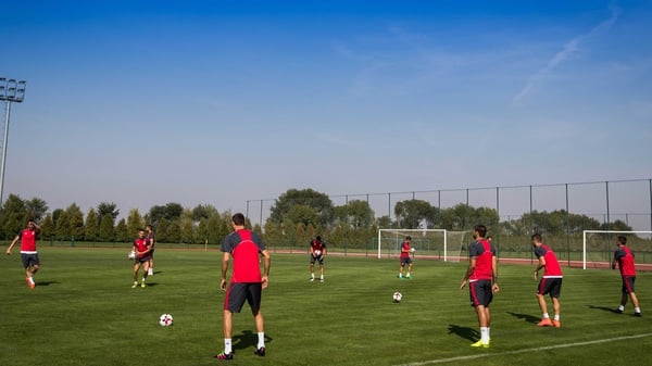 The Serbia team going through their paces at training on Sunday morning