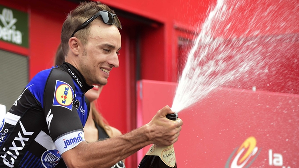 Etixx-Quick Step cyclist Gianluca Brambilla celebrates his stage win