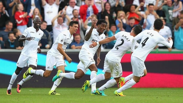 Swansea celebrate Leroy Fer's strike