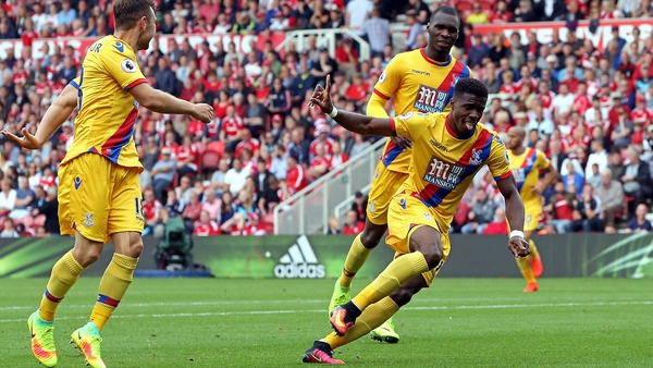 Wilfried Zaha celebrates after scoring his side's winner against Middlesbrough