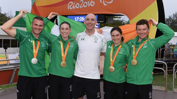Cycling medallists (L-R): Colin Lynch, Eve McCrystal and Katie-George Dunlevy and Eoghan Clifford with coach Neill Delahaye