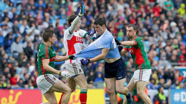 Dublin's Diarmuid Connolly gets in a tangle with with Lee Keegan, Keith Higgins and goalkeeper David Clarke