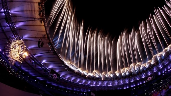 Fireworks erupt during the closing ceremony of the Rio 2016 Paralympic Games at the Maracana Stadium