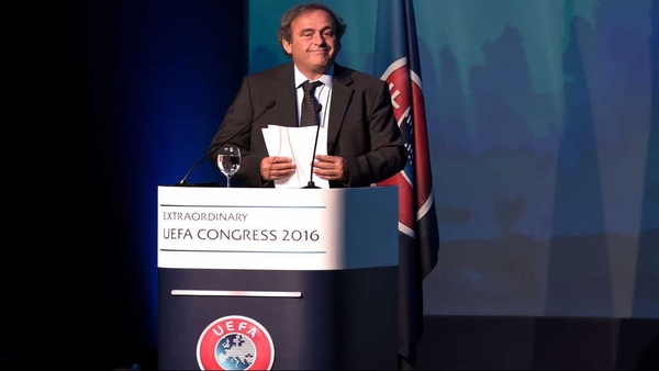 Michel Platini speaking at the opening of the 12th Extraordinary UEFA congress in Lagonissi