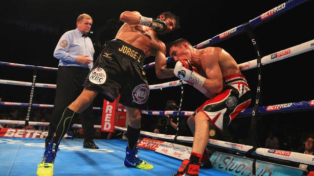 Jorge Linares has Anthony Crolla on the ropes