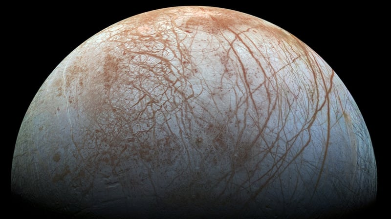 Europa is about 3,100 km in diameter, slightly smaller than Earth's moon