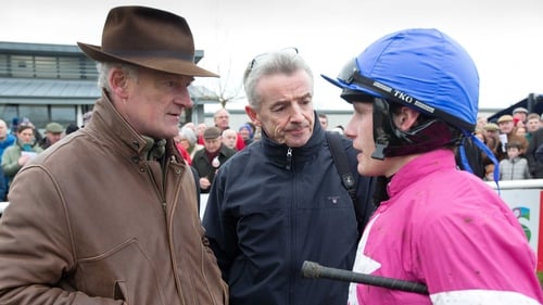 Willie Mullins (L) with Michael O'Leary and jockey Paul Townend