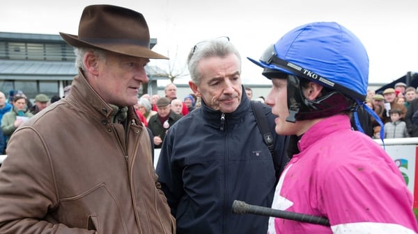 Willie Mullins (L) with Michael O'Leary and jockey Paul Townend