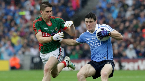 Diarmuid Connolly fends off Lee Mayo's Lee Keegan in the drawn All-Ireland final