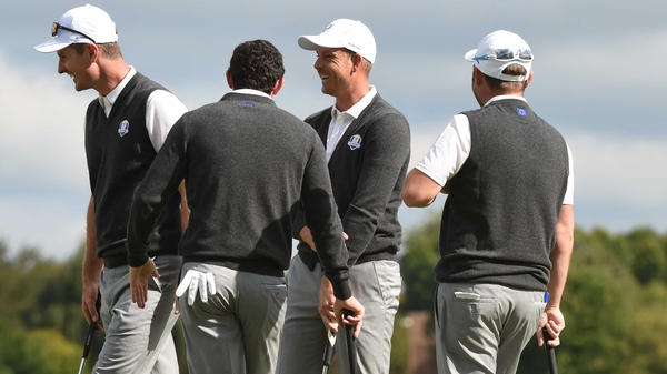 Justin Rose, Rory McIlroy, Henrik Stenson and Andy Sullivan during a practice round at Hazeltine