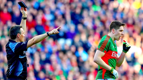 Lee Keegan receives a black card during the All-Ireland final replay against Dublin