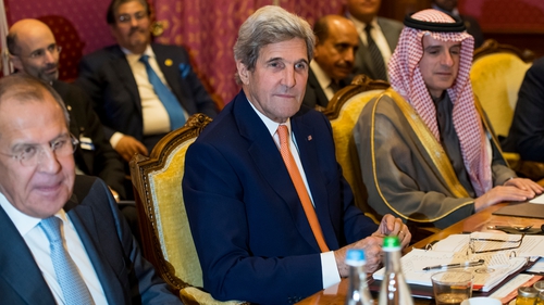 Russian Foreign Minister Sergei Lavrov, US Secretary of State John Kerry and Saudi Arabian Foreign Minister Adel al-Jubeir at the meeting in Lausanne, Switzerland