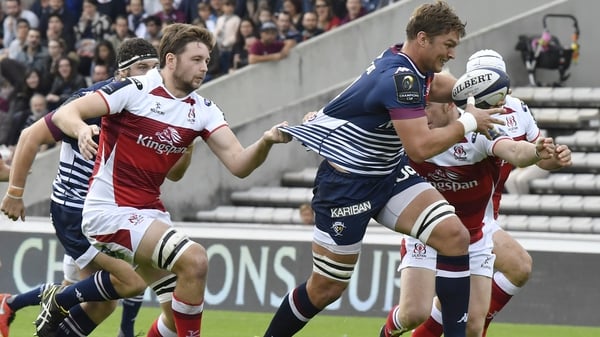 Iain Henderson tackles Jandre Marais in the Champions Cup clash