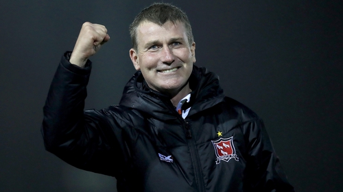 Stephen Kenny salutes the fans after victory over Longford Town