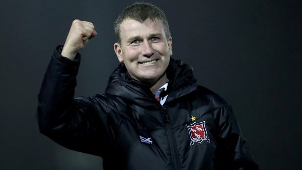 Stephen Kenny salutes the fans after victory over Longford Town