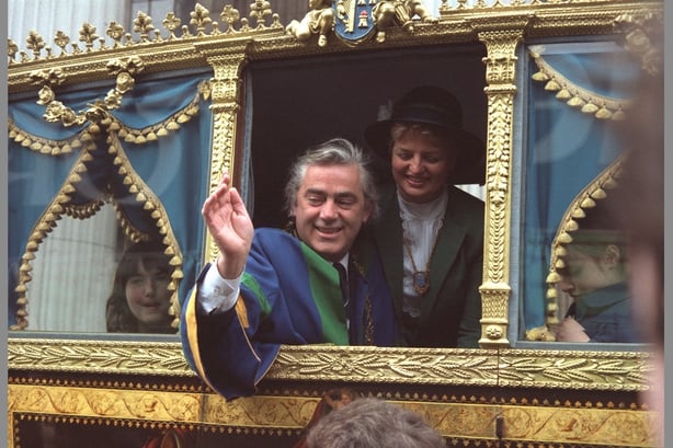 	Former Lord Mayor of Dublin Fergus O'Brien, waves from the Lord Mayor's carriage, during the St Patrick's Day parade in Dublin city centre on 17 March 1981