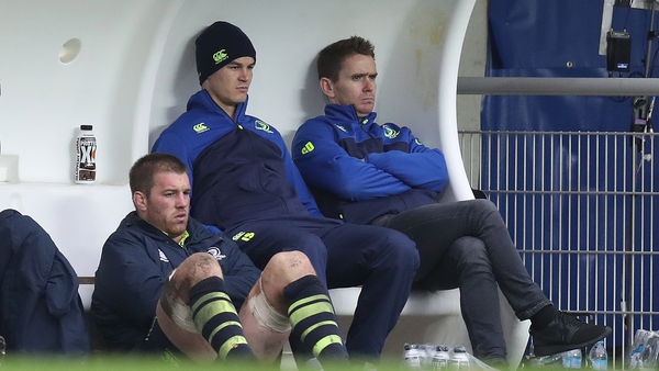 O'Brien and Sexton sit in the Leinster dugout with former team-mate Eoin Reddan