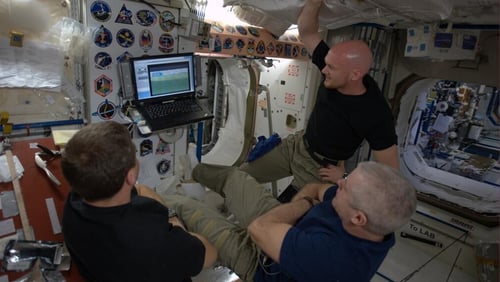 NASA astronauts Reid Wiseman, Steve Swanson and ESA astronaut Alexander Gerst aboard the International Space Station