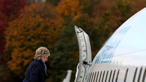 Hillary Clinton boarding her campaign plane in New York earlier today