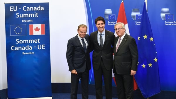 Former president of the European Union Donald Tusk, Canadian Prime Minister Justin Trudeau and former president of the European Commission Jean-Claude Juncker at the CETA treaty signing in Brussels in 2016. Photo: Jasper Juinen/ Bloomberg via Getty Images