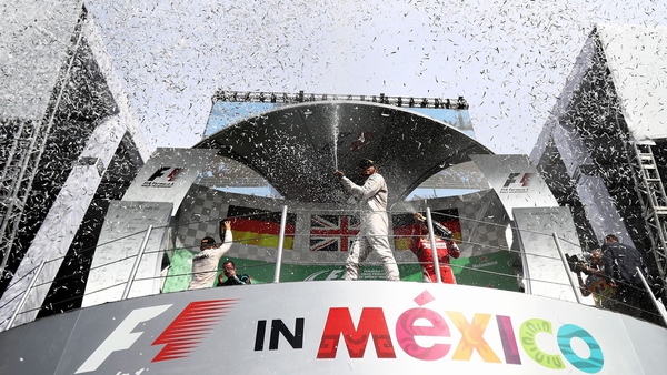 Lewis Hamilton celebrates his Mexican Grand Prix victory