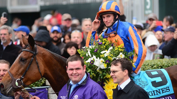Ryan Moore celebrating winning the 2015 Breeders' Cup Turf atop Found