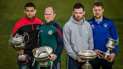 (L-R) Keith Rossiter (Oulart the Ballagh), Brian Stapleton (Borris in Ossory/Kilcotton), Martin Kavanagh (St Mullins) and Paul Greville (Raharney) ahead of Sunday's Leinster club hurling quarter-finals