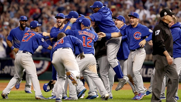 The Chicago Cubs celebrate after defeating the Cleveland Indians 8-7 in Game Seven of the 2016 World Series