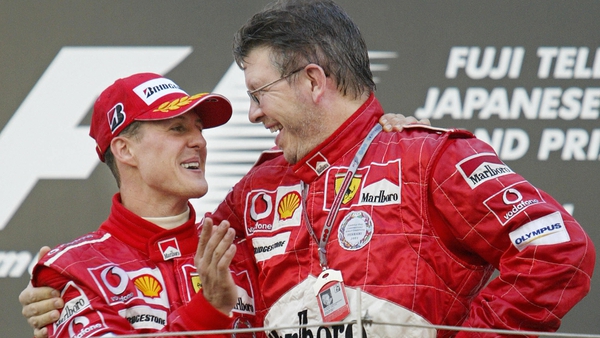 Schumacher and Brawn after winning the 2004 world title