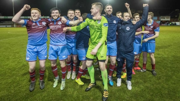Drogheda United players celebrate at the final whistle