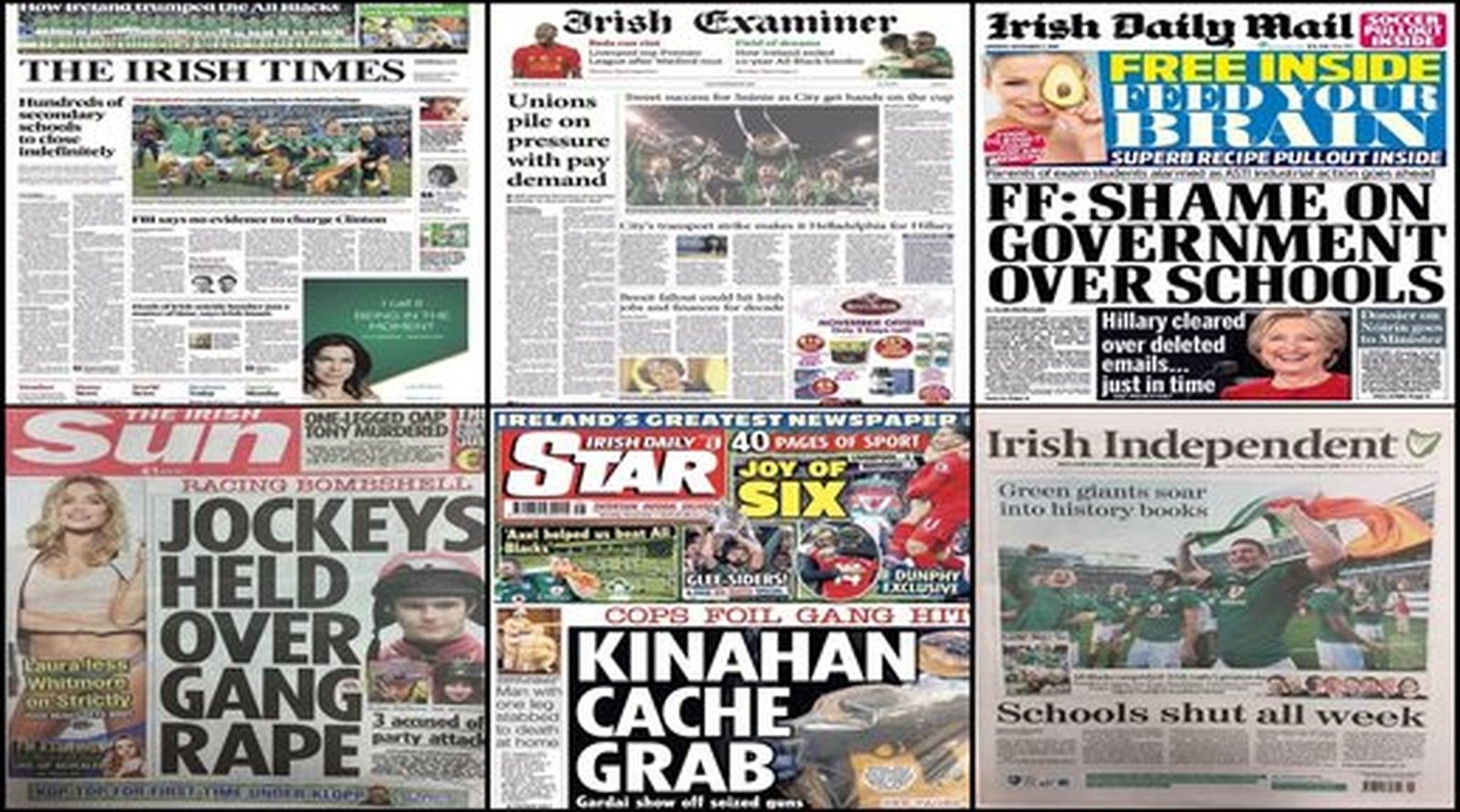 Newspaper headlines Ireland's win and weapons seizure in Cabra
