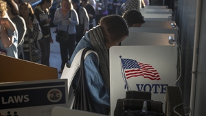 People vote at the Los Angeles Lifeguard station at Venice Beach in LA