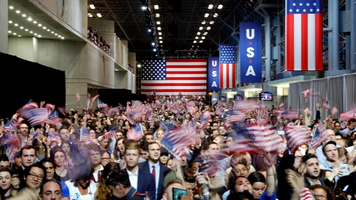 People watch voting results at Hillary Clinton's election night event