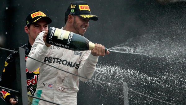 Hamilton celebrates winning the Brazilian Grand Prix