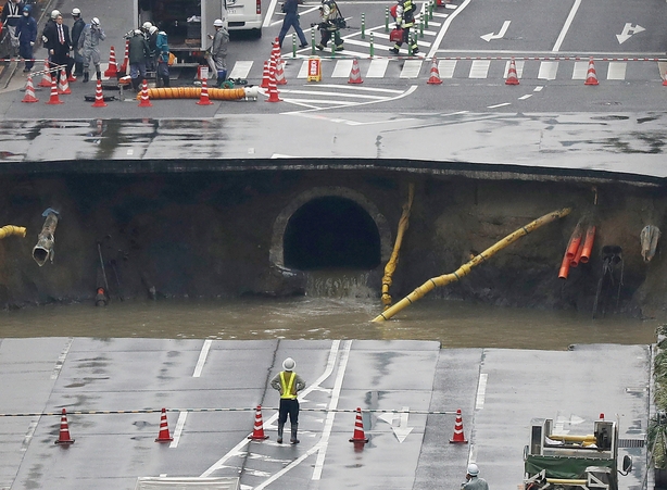Sinkhole opens in Fukuoka street