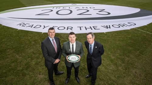 Philip Browne, Brian O'Driscoll and Dick Spring at today's RWC 2023 bid unveiling
