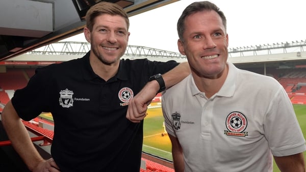 Gerrard (L) has been enjoying his post-playing career in different sphere to old team-mate Jamie Carragher